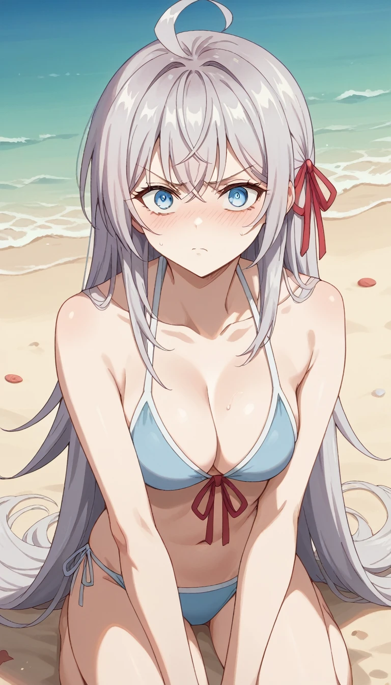 alisamikhailovna, alisamikhailovna kujou, long hair, bangs, blue eyes, ahoge, gray hair, red ribbon, shy, glare, light blue bikini, paleo, whole body, beach,