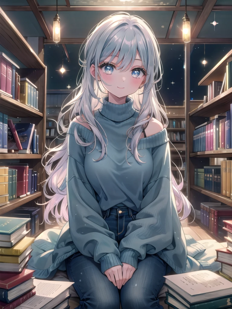 ((8k, Highest quality, masterpiece: 1.3)),Ultra-high resolution,(1 girl, alone), (Color changing eyes, Ultra-detailed, Expressive brilliance, Glitter, Glowing Eyes), Highly detailed eyes, Highly detailed face, Random Hair, ((pastel colour))A cozy bookstore with wooden shelves filled with books, soft armchairs, and a warm atmosphere. The woman is wearing a light, knitted sweater in a pale blue color and dark jeans. She’s sitting on the floor with her back against a bookshelf, a book in her lap, but she’s looking up at the camera with a content, relaxed smile. Expression: A gentle, contented smile. Details: Her hair is in loose waves, cascading over her shoulders. The warm, ambient lighting adds to the comforting, homely feel of the bookstore.