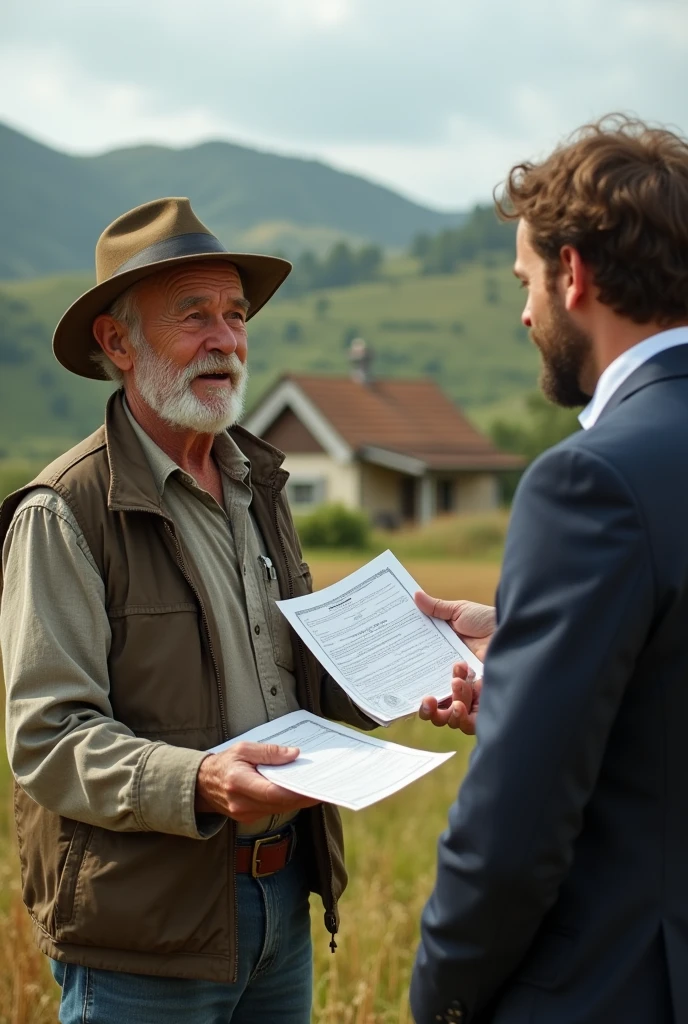 Realistic image with rural producer greeting professional showing land registration documents such as CCIR, car etc in main focus