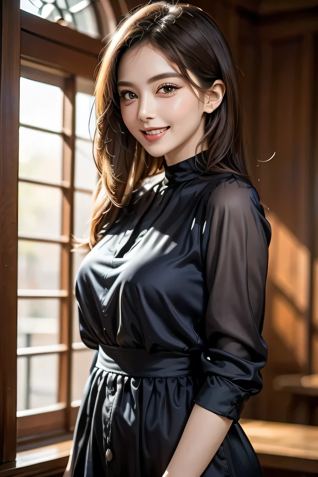 company employee、(Body turned to the side、Shooting from the side、Looking to the side,Shooting from the side:1.6),Not looking here、(General shirt、Wearing a white blouse、Wearing a typical business suit),(The gap in her blouse is slightly open,Only the fourth button is open、The button is closed、I can see my breasts through the gap in my shirt、The edge of her bra is visible through the gap in her shirt.:1.5),Mid-chest、slender、ponytail、Black Hair、Beauty、23 years old、cute、smile、(Long shirt:1.8),Tuck the shirt into the skirt、Cleavage、see-through bra、Short skirt、mini skirt、Fluffy skirt