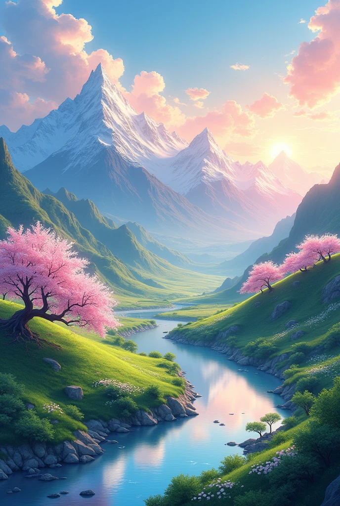 Create a vibrant HD anime-style landscape set in a serene, fantasy world. The scene should feature rolling hills with lush greenery, a crystal-clear river winding through the valley, and a majestic mountain range in the background. The sky is a blend of soft pastels during a golden sunset, with a few wispy clouds. Include delicate cherry blossom trees scattered throughout, their petals gently falling in the breeze. The entire scene should be bathed in a warm, glowing light, emphasizing the tranquility and beauty of th
