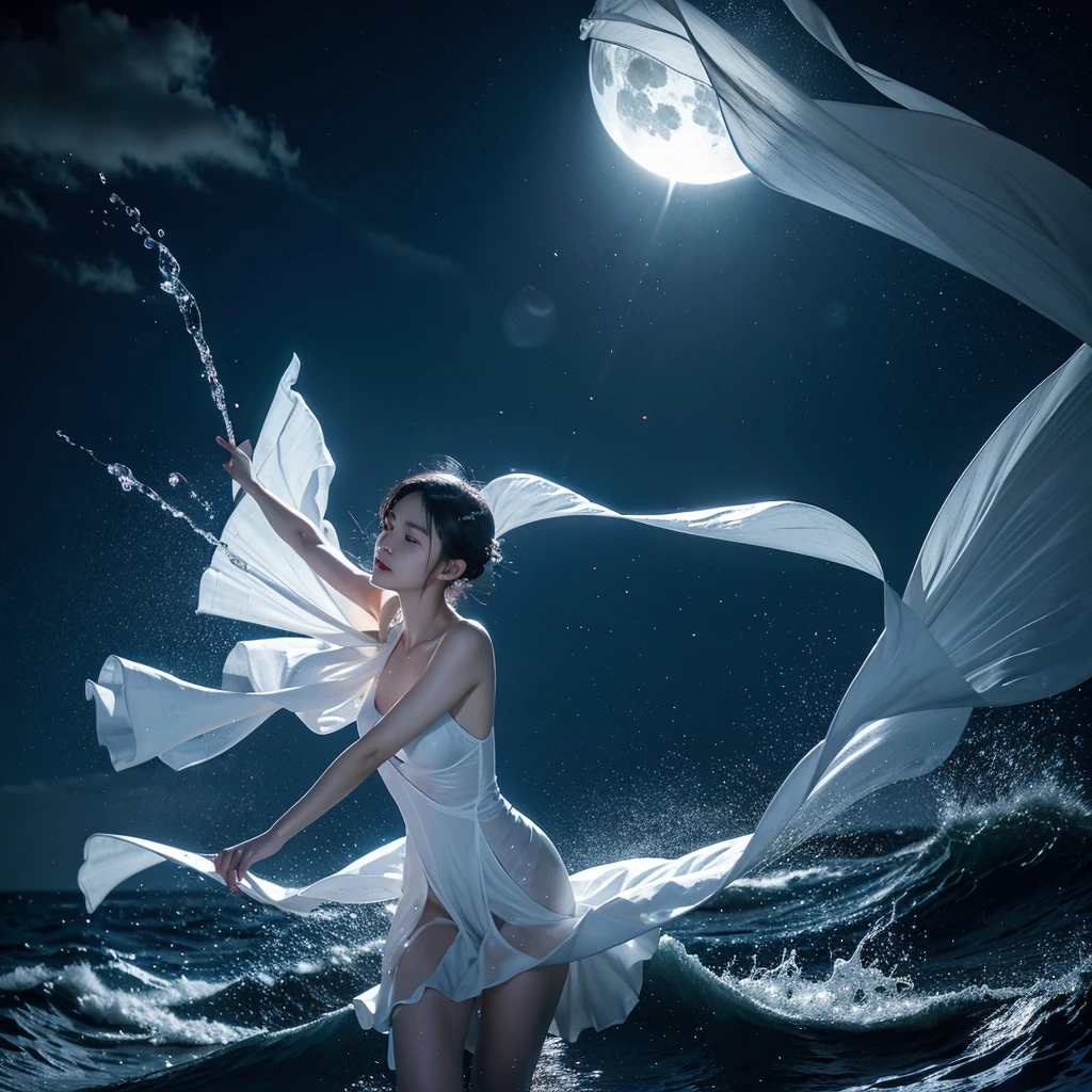 "Fantasy fairy tale in a glass jar", a 20-year-old Taiwanese female pianist with a dynamic pose. Wearing a one-piece dress that is as elegant as the wind. Her short hair is flying, her fingertips are flying on the keys of the white grand piano, and her body is agile. Fantasy rough sea central background with moonlight shining. The spray splash effect creates a mysterious atmosphere, using light and shadow renderers, the spray water droplets form butterflies, and "no water splash exceeds the confines of the glass jar." Precise facial expressions and precise fingers. Color palette: dark blue, purple and silver. Dynamic compositions capture spinning jumps. --ar 2:3 --stylized 850 --q 2 --v 6