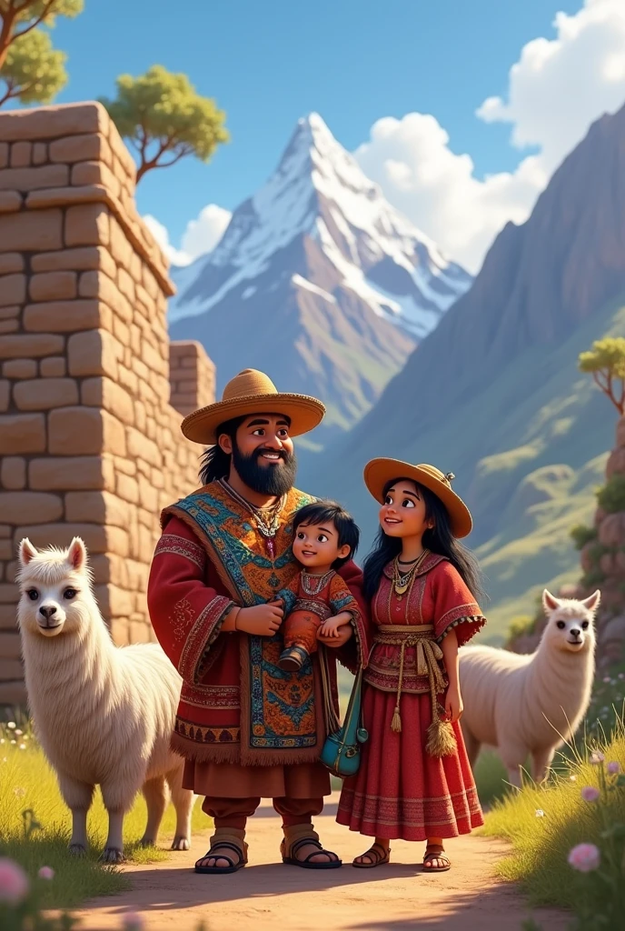 Famille incas et lamas vetements traditionnel peruviens Mur pierres incaïque montagne perou type pixar