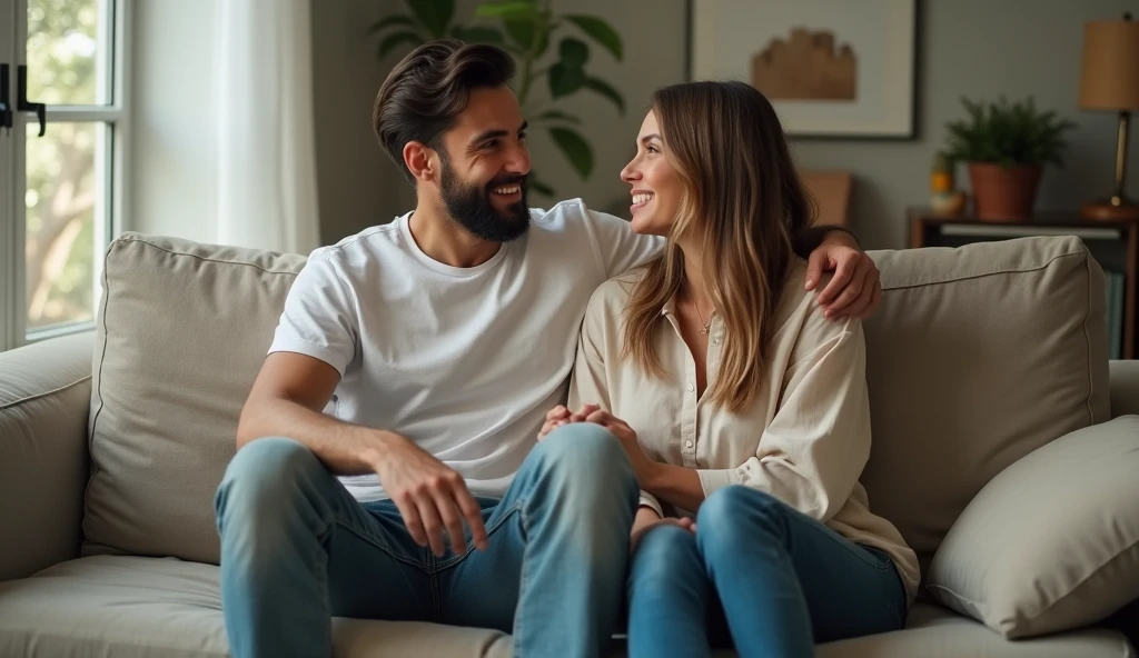 A cinematic medium shot of a man wearing a white t-shirt, jeans, and sneakers and a beautiful woman wearing jeans and a shirt sitting together on a sofa and having wonderful and surprise conversation.