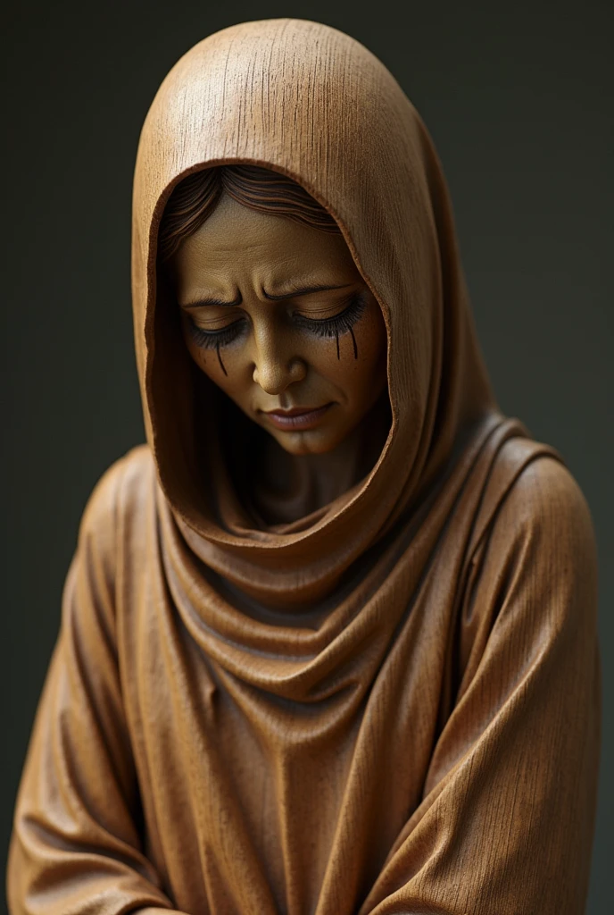 Create a realistic image of a wooden statue of Sister Sasagawa, with a detailed and expressive style. The statue is to depict Sister Sasagawa with an expression of deep emotion and sadness., with tears visible on her face. The cloak and details of the garment must be precisely carved, showing the texture of the marble. The background should be neutral and discreet to highlight the statue., with soft lighting that highlights facial details and tears. The scene should convey a sense of reverence and emotional impact.."