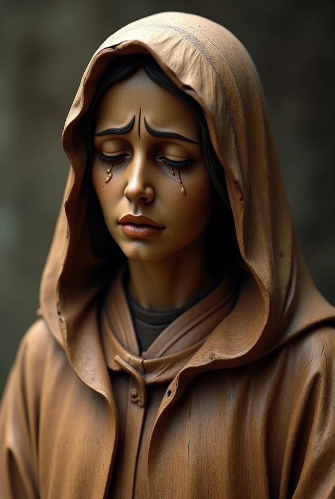 Create a realistic image of a wooden statue of Sister Sasagawa, with a detailed and expressive style. The statue is to depict Sister Sasagawa with an expression of deep emotion and sadness., with tears visible on her face. The cloak and details of the garment must be precisely carved, showing the texture of the marble. The background should be neutral and discreet to highlight the statue., with soft lighting that highlights facial details and tears. The scene should convey a sense of reverence and emotional impact.."