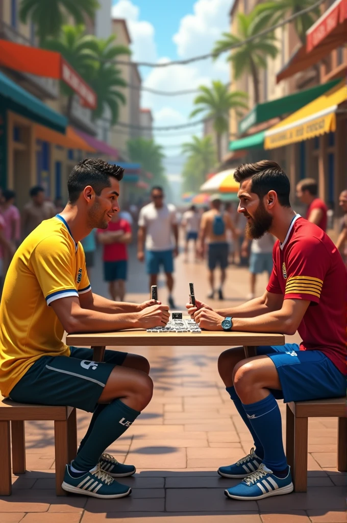 Make Cristiano Ronaldo and Lionel Messi play dominoes in the public square in Brazil 