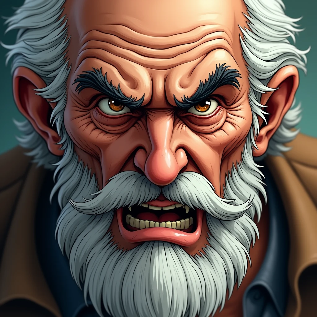 angry old man(Close-up of face): "A highly detailed close-up illustration of an elderly man's face with white hair and a full beard, contorted in anger. His eyebrows are furrowed deeply, and his mouth is slightly open as if he is scolding someone. Despite the anger, his expression has a sense of underlying warmth and familiarity. The background is blurred to emphasize the intensity of his facial features."