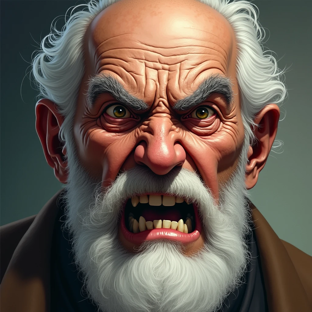 angry old man(Close-up of face): "A highly detailed close-up illustration of an elderly man's face with white hair and a full beard, contorted in anger. His eyebrows are furrowed deeply, and his mouth is slightly open as if he is scolding someone. Despite the anger, his expression has a sense of underlying warmth and familiarity. The background is blurred to emphasize the intensity of his facial features."