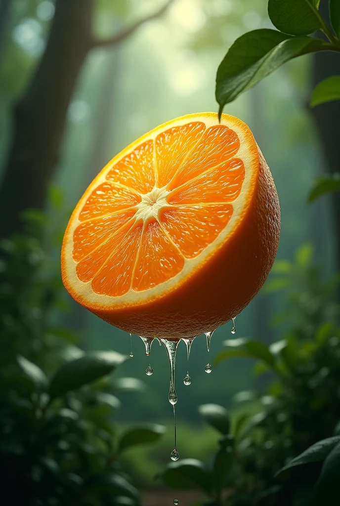 ORANGE split in the forest, dripping drops of water
(4k hd)