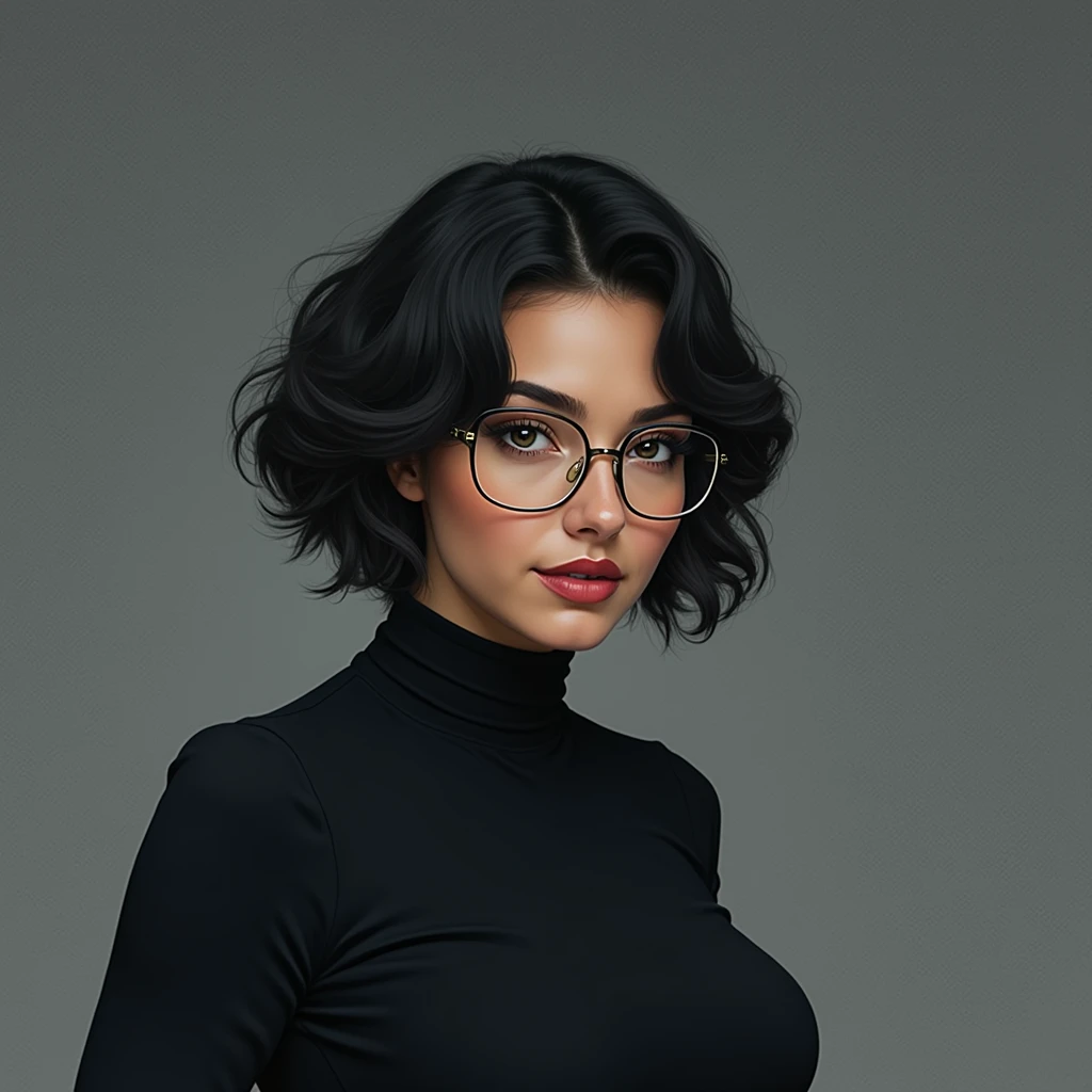 Realistic photos of young women, round face, short blonde hair, Glasses, very big breasts, big butt, sexy shirt and skirt
