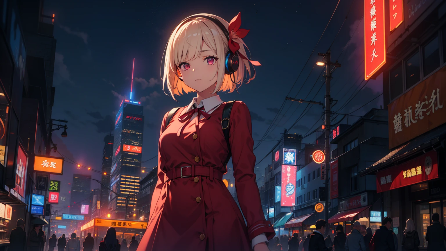 (best quality), ((masterpiece)), (highres), illustration, original, extremely detailed, 1girl, game cg nishikigi chisato, bob cut, hair ribbon, headphones, lycoris uniform, two-tone dress, red dress, grey dress, neck ribbon, long sleeves, look at claw machine, teddy bear, furrowed brow, cityscape, night sky, neon signs, chiaroscuro