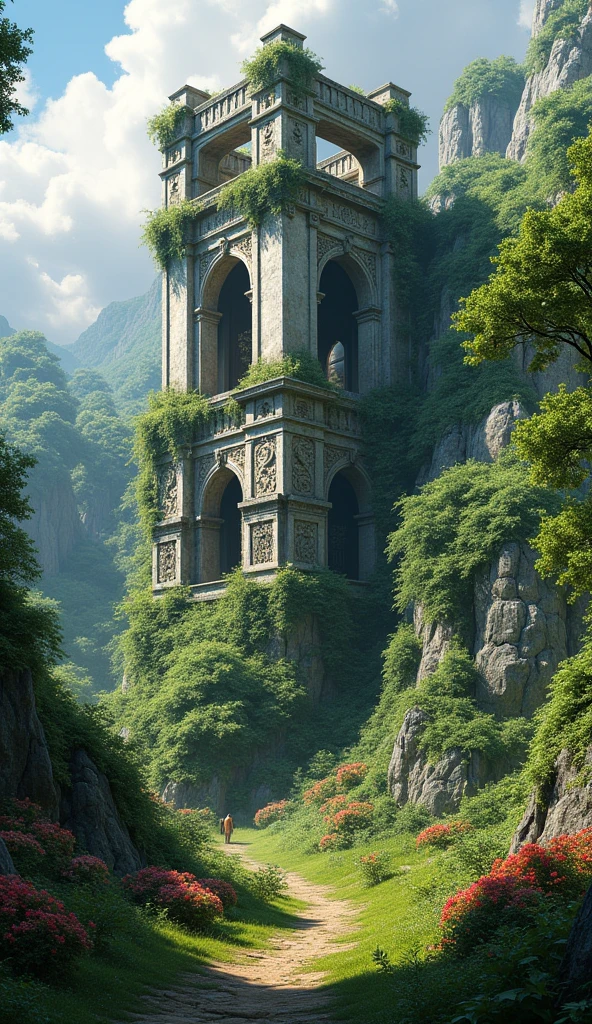 A 3d big old building in jungle grass on walls grassy land plants flowers