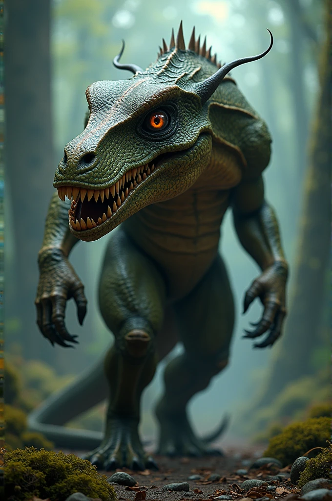 A man with dinosaur face and body like lizard