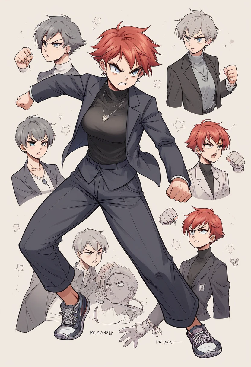 comics style , sketch ,young woman, 1, short red hair, blue gray eyes, athletic, turtleneck, black suit, black floral suit, black flower pattern, pendant, several ear piercings, tomboy style, streetwear,full body , fight (martial, Krav-Maga Style)