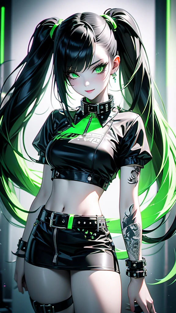 a beautiful girl with long hair, twintails, and a collar, wearing a studded belt, skirt, crop top, shirt, and jewelry, in a liquid ink sumi drawing style with a poison green color scheme and an acid noir neon punk aesthetic, looking at the viewer with a smile, highly detailed, photo-realistic, 3D unreal render, VFX, HDR, UHD