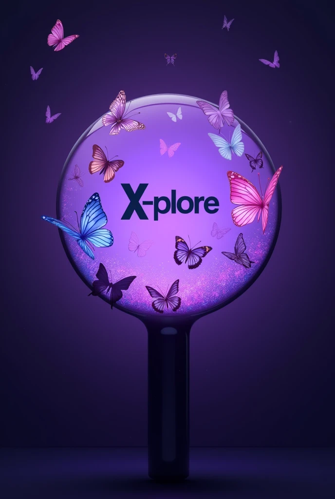 K pop lightstick purple round with butterflies and the name X-PLORE