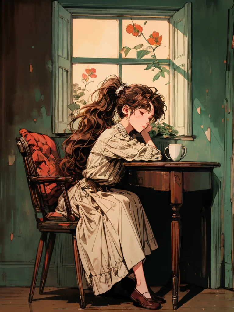 beni, solo, 1girl, brown hair, high_ponytail, red_flower_hair_ornament, Contemplating, (((background home))), window, sleeping, table, large home side, small character, (((full body))), coffee, long hair, cozy house, cat, ((high resolution)), lofi style,