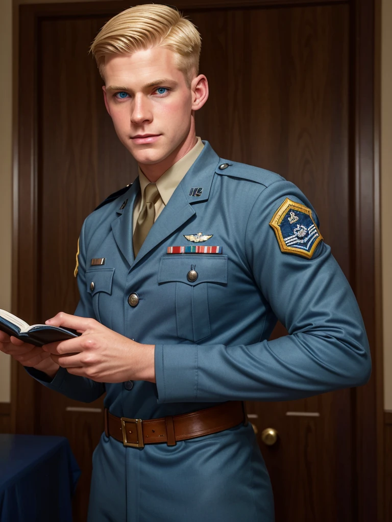  A handsome blond guy, ************, looks at the ceremonial officer's uniform of a "Navy Seal" with awards, which hangs on a suit hanger standing on the floor, and engages in masturbation. Watching him from behind is a naked, blond, muscular Navy SEAL officer, 35 years old, handsome and arrogant. The officer has a big dick, an erection, and a boner.