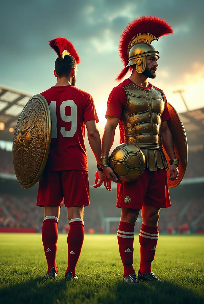 Generate Soccer farewell poster with spartans and "SPARTAN" and "19" written on jersey back. Football field as background and holding ball