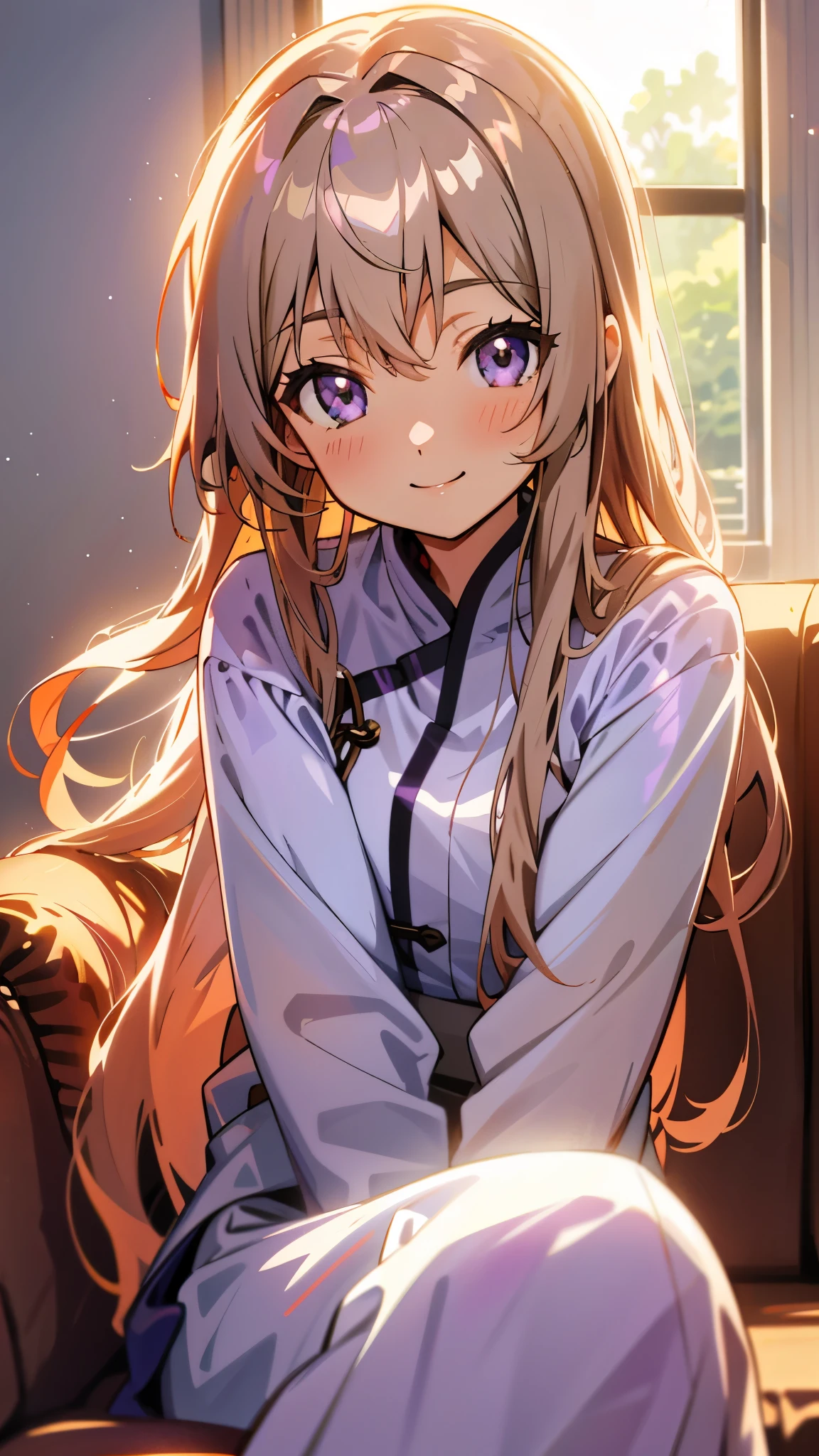 1 person、Anime Style、美しい light brown hair、beautiful purple beautiful eyes、Long Hair、Transparent Hair、Translucent hair、smile、Western-style room、sofa、morning、Lens flare、Shiny, Glowing Skin