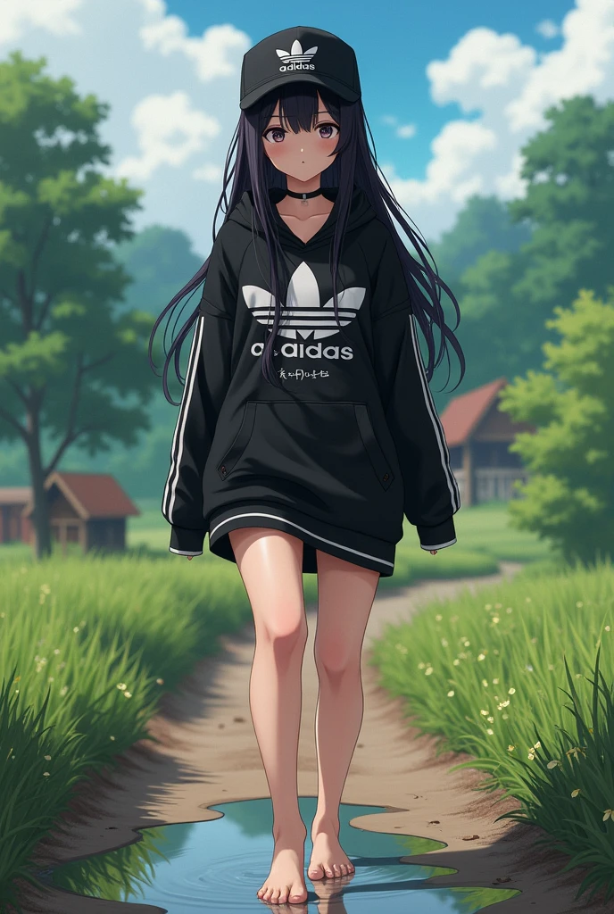 Sexy anime girl, long black hair, black eyes, barefoot, wear black adidas cap, wear black adidas hood, wear black panties, background is countryside, girl is stepped in poop,