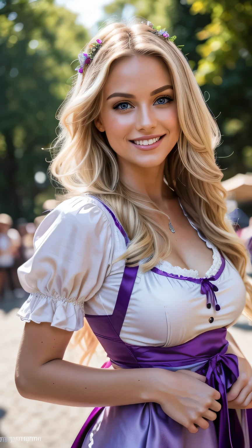 Realistic full body photo of a smiling blonde woman with long hair, She dances in front of the camera in a purple dirndl with a silver satin apron, Fine fabrics, Park,glamour fotoshooting, Wedding celebration, perfect anatomy, perfect blue eyes. Perfect hands with 5 fingers on each hand, Matching girl, look into the camera, 1 Frau. (Eye make up:1.1), (highly detailed skin:1.1), spirit, analog style, keen focus, 8K UHD, dslr, good quality, Fujifilm XT3, Grain, Award-winning, masterpiece. oktoberfest