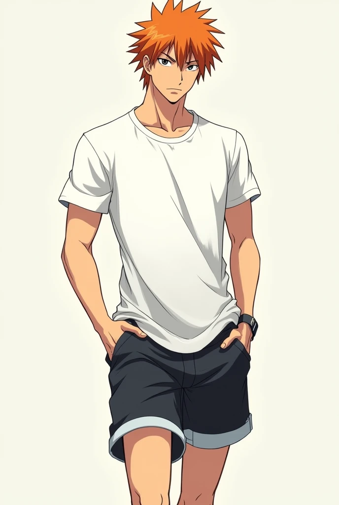 1boy,pale skin,standing,kieran,earring,white shirt,black shorts,hands on feet,<lora:kieran:1>