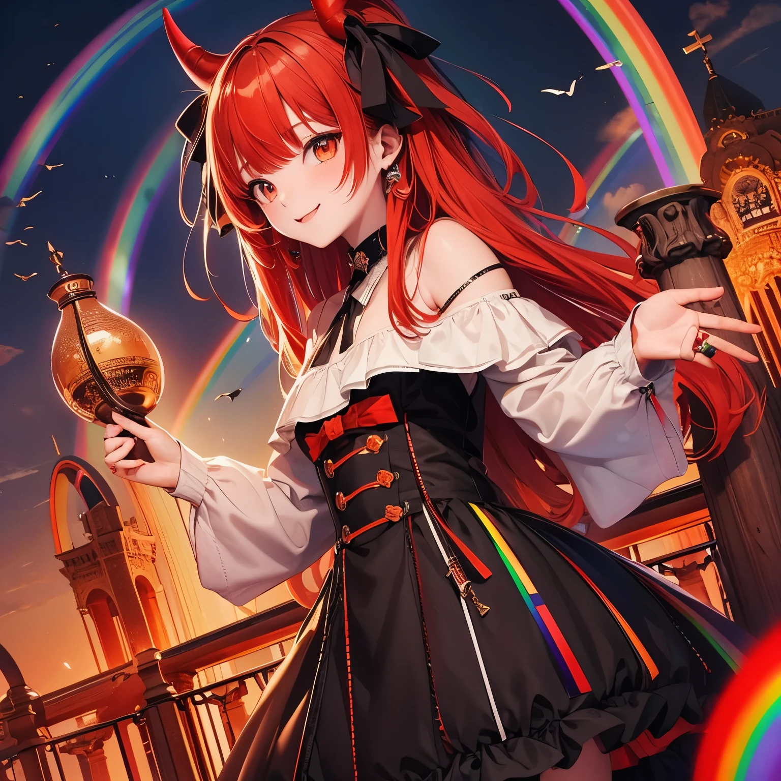 (masterpiece), Highest quality, Ultra-high resolution,Devil with a black ribbon、Red-orange hair、Red orange eyes、(Rainbow Bridge:1.3)、smile