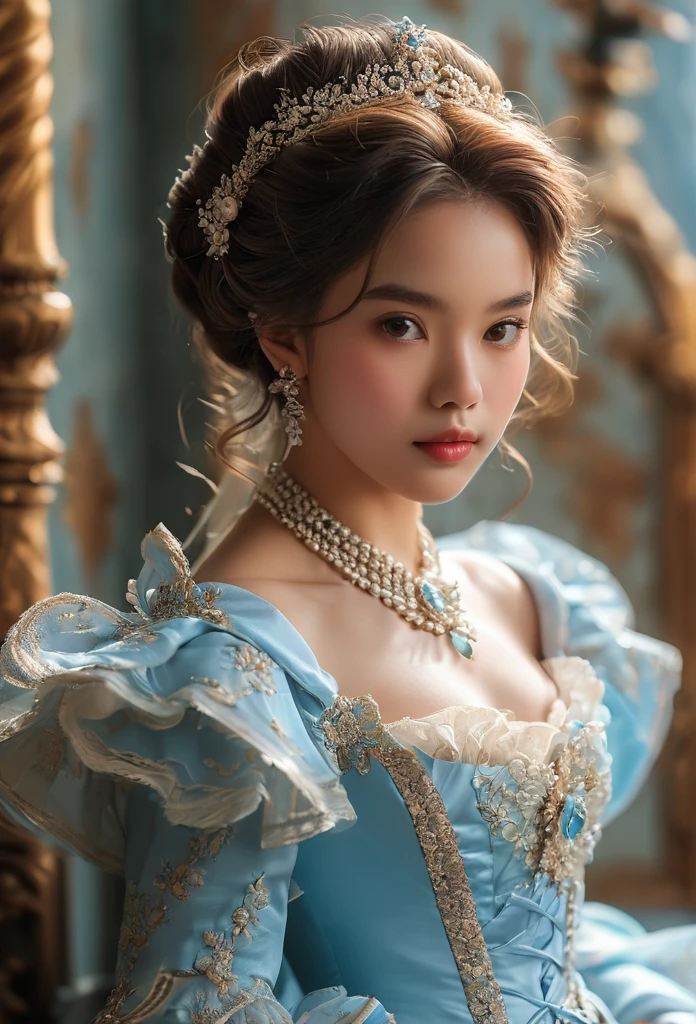 highly detailed, 8k, masterpiece, One woman, Blue frills_hair_tube, dress, bend_that's all , Grin, (perfection_face), Sitting, machine, Brilliant, Complex, Dramatic lighting, 4K, detailed_background, Caustics, full_body, (Surreal:1.3), bloom,(Beautiful lighting:1.3), Caustics, Dynamic Lighting, Beautiful lighting, (Dakota Fanning:0.5)