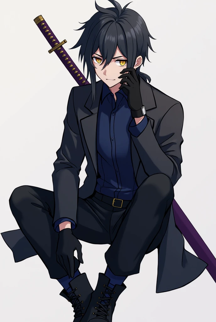 A teenage anime-style male character with short, long black hair covering the left side of his eye a little and with a slightly large ponytail., with big yellow eyes, with black cold weather blouse with dark blue shirt, black pants and black men&#39;s boots, with black gloves, and with 1 purple sheathed Katana on the back.