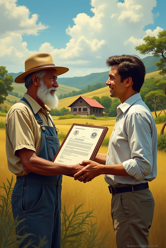 Realistic art with rural producer greeting professional showing land registration documents such as CCIR, car etc in main focus