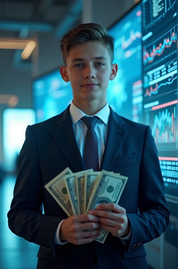 Teenager boy wearing suit and holding dollars, standing in front of big computer screen