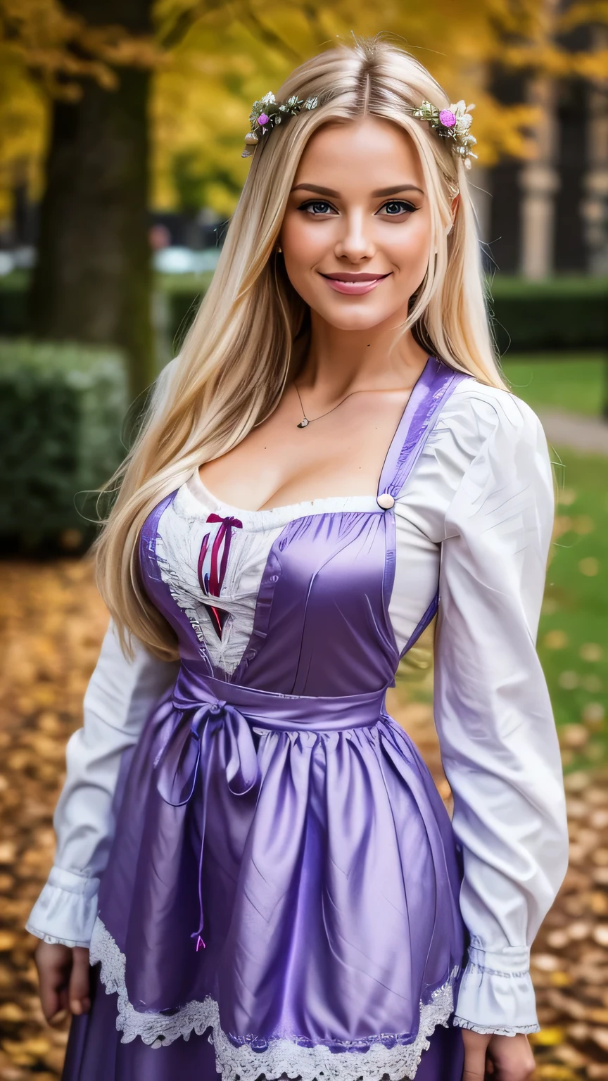 Realistic full body photo of a smiling blonde woman with long hair, She dances in front of the camera in a purple dirndl with a silver satin apron, Fine fabrics, Park,glamour fotoshooting, Wedding celebration, perfect anatomy, perfect blue eyes. Perfect hands with 5 fingers on each hand, Matching girl, look into the camera, 1 Frau. (Eye make up:1.1), (highly detailed skin:1.1), spirit, analog style, keen focus, 8K UHD, dslr, good quality, Fujifilm XT3, Grain, Award-winning, masterpiece. oktoberfest