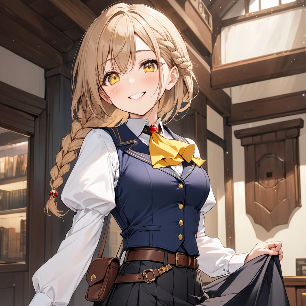 1 female, One braid hangs down in front, yellow eye, light brown hair, ((tight fitting black skirt)), (((from fitting skirt))), shirt, long sleeves, puffy sleeves, white shirt, pantyhose, Vest, navy and black Vest, ascot, yellow ascot with red gem, Black leather belt with pouch、Smile gently, Inside the Adventurer&#39;s Guild reception desk (masterpiece:1.2), (Beautiful attention to detail:1.2), Perfect lighting, (Perfect hands, perfect anatomy) 