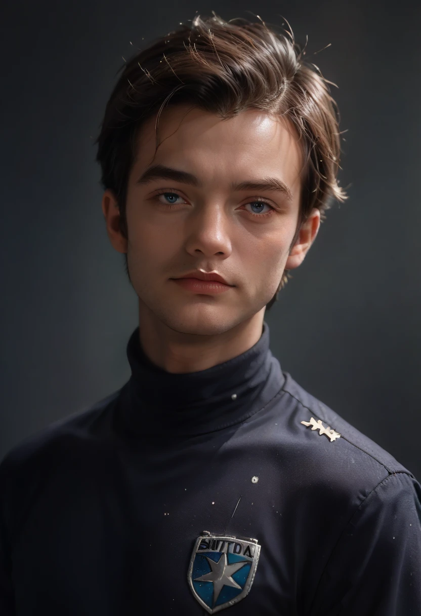 a close up of a person in a suit with a short haircut wearing a blue shirt and a black turtle neck t - shirt, Eve Ryder, star trek, a character portrait, dau-al-set, detailed, award winning, ultra realistic