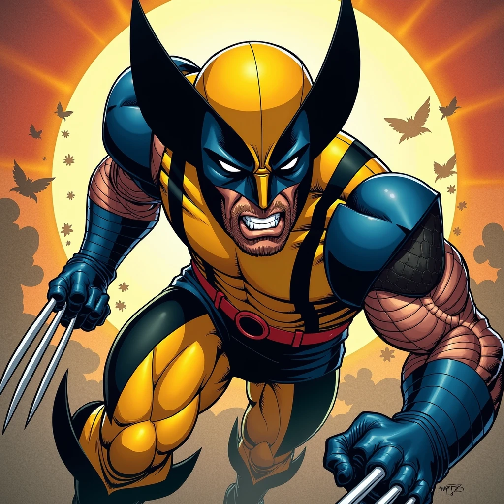 Create a profile picture for Discord. X-Men Wolverine in yellow suit with mask. Epic Fighting Pose. Look past the camera. Wolverine Blades Extended. Moving scene. Holds hands in front of face. High Resolution. Comicstil. With border