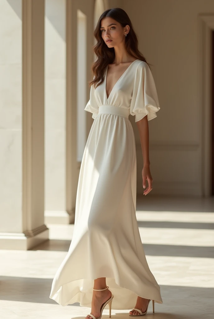 The dress would be a simple, flowy style, made of a lightweight, crepe-like fabric. It would have a high, V-neckline, with slightly puffed sleeves that reach just above the elbow. The skirt would start high, around the natural waist, and fall elegantly to the ankles, in a subtle A-line shape. The overall look would be classy and elegant, like something out of a Parisian fashion showcase.