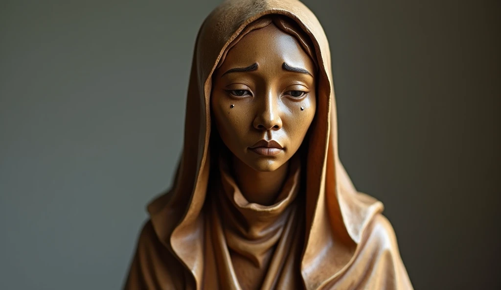 Create a realistic image of a wooden statue of Sister Sasagawa, with a detailed and expressive style. The statue is to depict Sister Sasagawa with an expression of deep emotion and sadness., with tears visible on her face. The cloak and details of the garment must be precisely carved, showing the texture of the marble. The background should be neutral and discreet to highlight the statue., with soft lighting that highlights facial details and tears. The scene should convey a sense of reverence and emotional impact.."