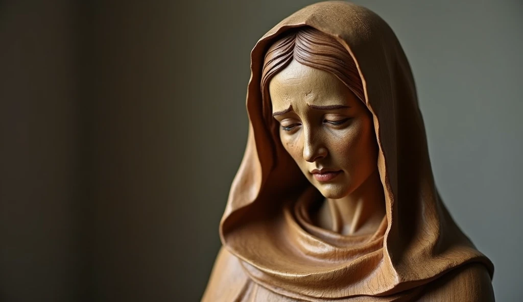 Create a realistic image of a wooden statue of Sister Sasagawa, with a detailed and expressive style. The statue is to depict Sister Sasagawa with an expression of deep emotion and sadness., with tears visible on her face. The cloak and details of the garment must be precisely carved, showing the texture of the marble. The background should be neutral and discreet to highlight the statue., with soft lighting that highlights facial details and tears. The scene should convey a sense of reverence and emotional impact.."