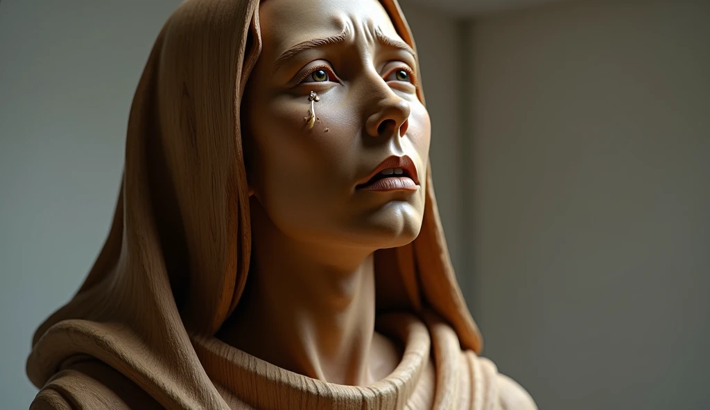Create a realistic image of a wooden statue of Sister Sasagawa, with a detailed and expressive style. The statue is to depict Sister Sasagawa with an expression of deep emotion and sadness., with tears visible on her face. The cloak and details of the garment must be precisely carved, showing the texture of the marble. The background should be neutral and discreet to highlight the statue., with soft lighting that highlights facial details and tears. The scene should convey a sense of reverence and emotional impact.."

