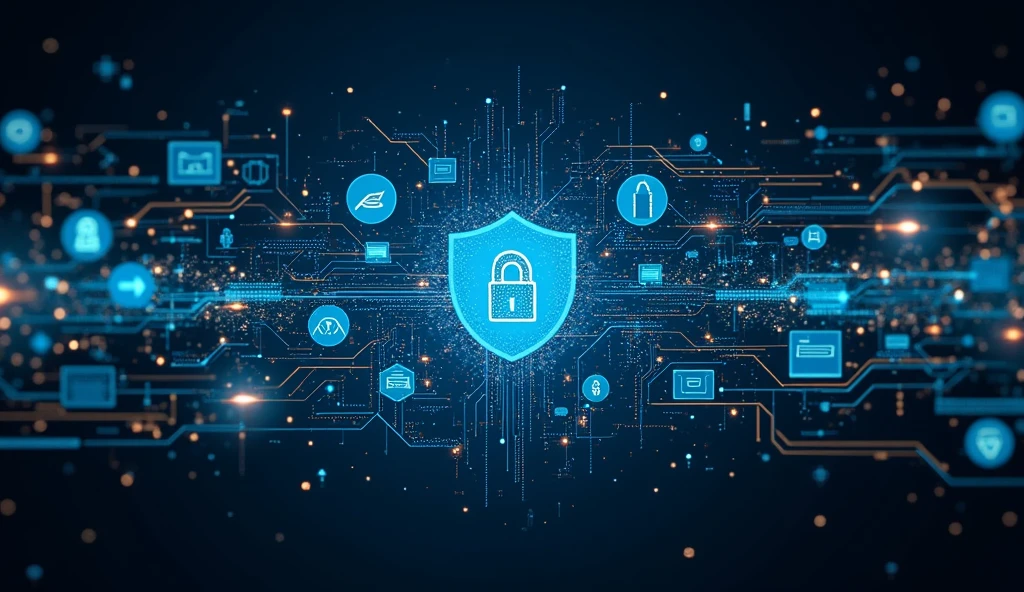 generate a banner in 1584x396 pixels format for a linkedin profile, based on activities and items associated with information security, containing on the lower right side the phrase "Always evolving"