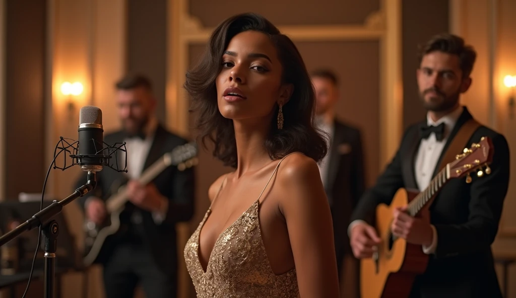 (photorealism:1.2), An elegant gospel band with a beautiful and sexy singer, playing in a room of a professional recording studio. The singer is looking at the camera.