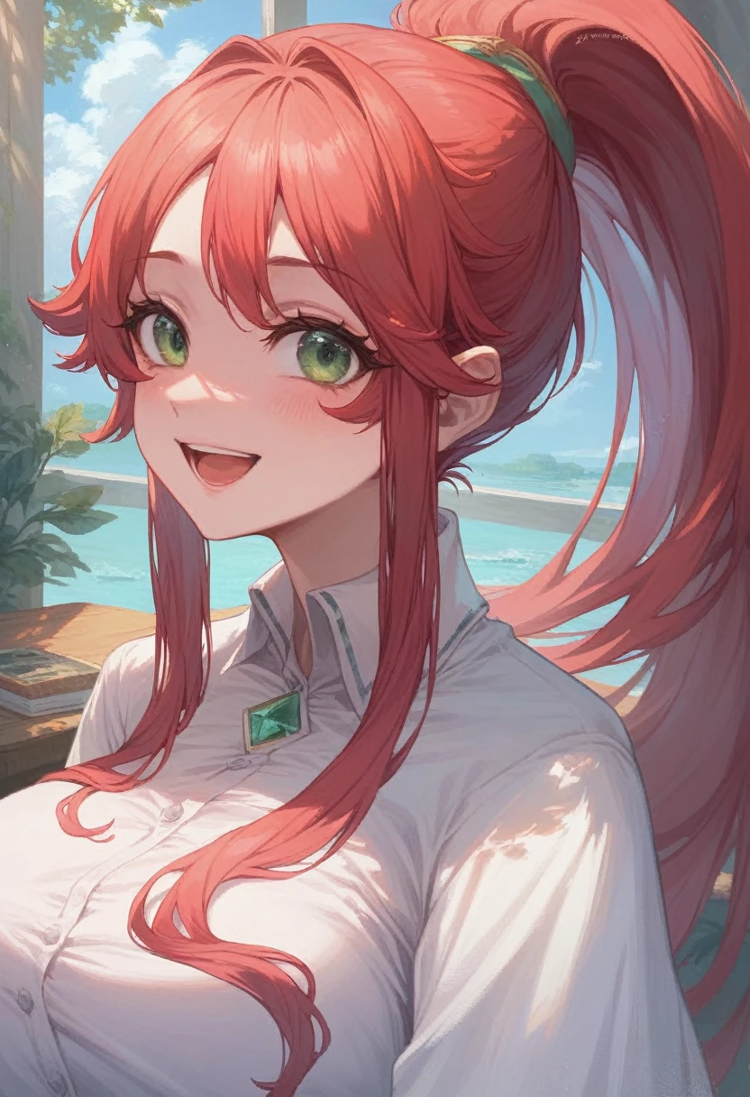 ((Tabletop, Highest quality, High resolution, Hmph, Pixel perfect, Depth of written boundary, 4K, )), One Girl, alone, upon, Beautiful Anime, Beautiful art style, 
close, View your viewers, 
Perfect body,  

Red hair, Long Ponytail, Green Eyes, Large Breasts, 

Blush all over face, smile, Open your mouth, 

Happy, smile, Blushing, 
Beautiful woman, cute,