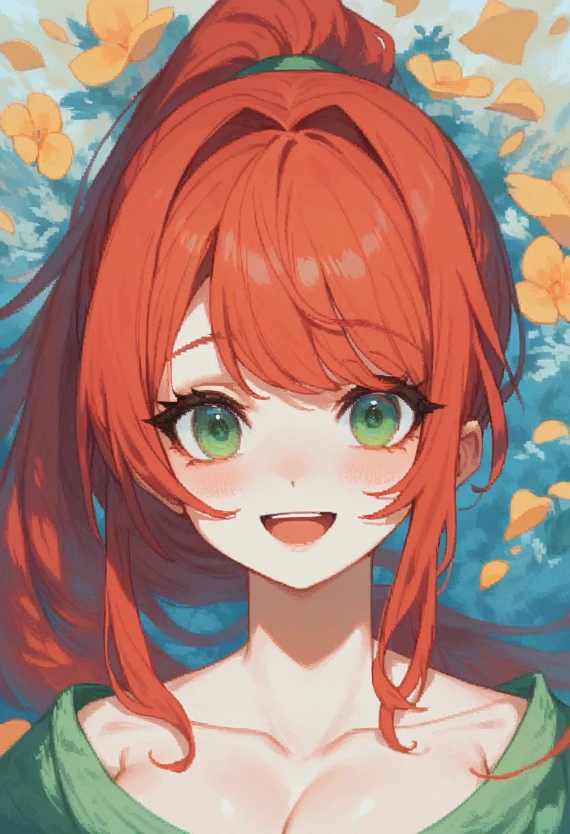 ((Tabletop, Highest quality, High resolution, Hmph, Pixel perfect, Depth of written boundary, 4K, )), One Girl, alone, upon, Beautiful Anime, Beautiful art style, 
close, View your viewers, 
Perfect body,  

Red hair, Long Ponytail, Green Eyes, Large Breasts, 

Blush all over face, smile, Open your mouth, 

Happy, smile, Blushing, 
Beautiful woman, cute,