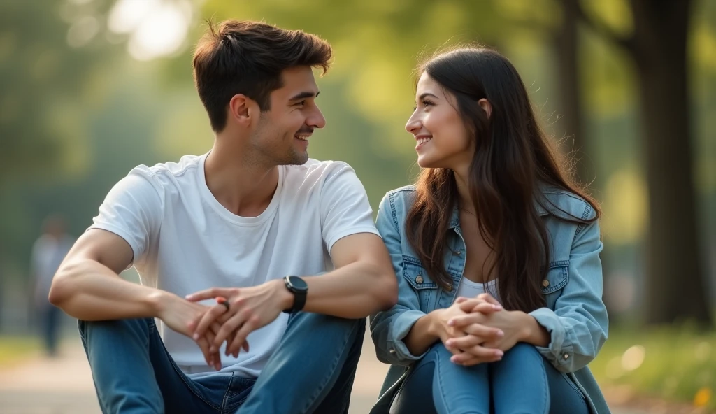 A cinematic medium shot of a young man wearing a white t-shirt, jeans, and sneakers and a beautiful woman wearing jeans and a shirt both. Sitting together and having a conversation. They both look shock and wonder.