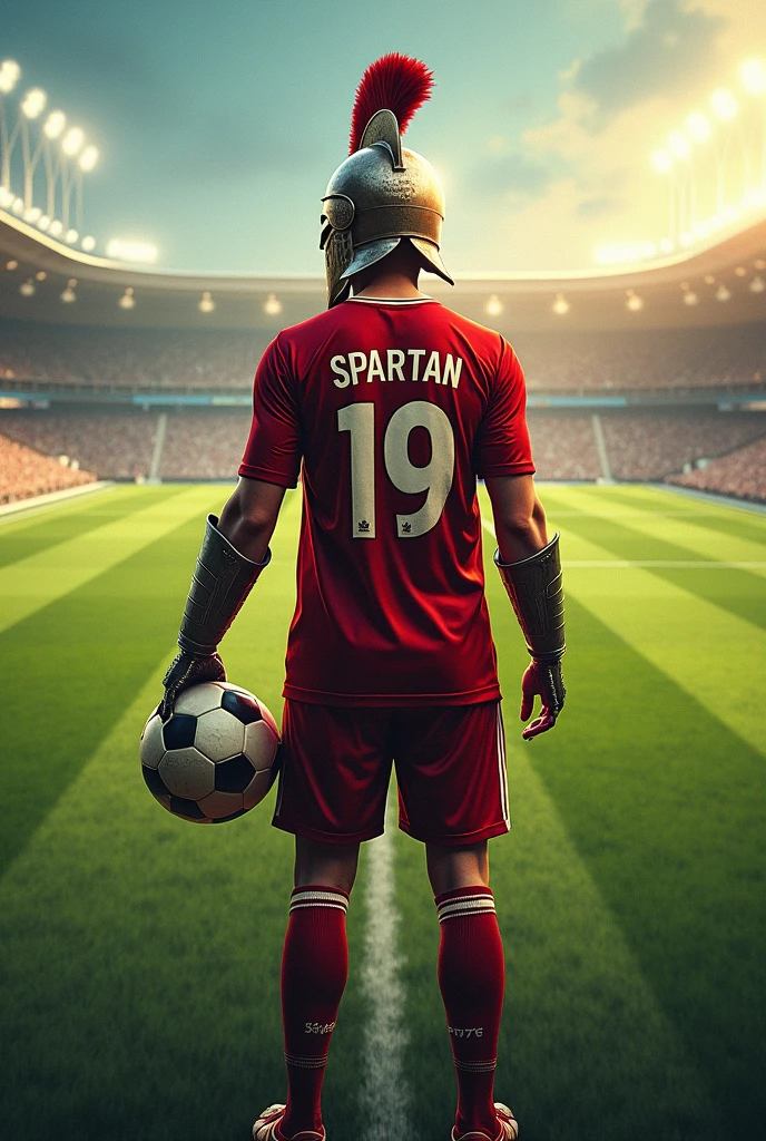 Generate Soccer farewell poster with one spartans and "SPARTAN" and "19" written on jersey back. Football field as background and holding ball