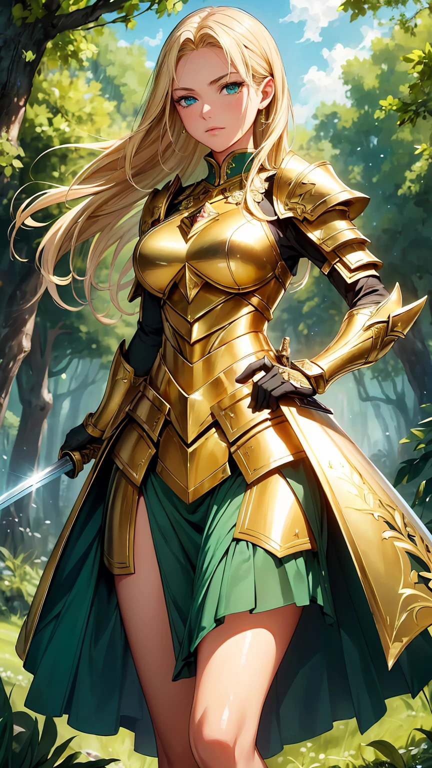 "(Highest quality,High resolution,masterpiece:1.2),A blonde girl wielding a large sword,Detailed face,There was a hint of determination in her eyes.,flowing golden hair,Exquisite armor and weapons,Beautifully crafted sword,Shimmering metallic details,Soft sunlight illuminates her,Rich color palette,Brave pose,A lush green background,High resolution,Sharp focus"