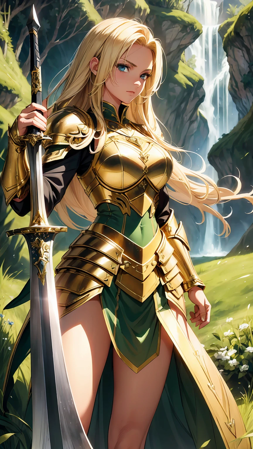 "(Highest quality,High resolution,masterpiece:1.2),A blonde girl wielding a large sword,Detailed face,There was a hint of determination in her eyes.,flowing golden hair,Exquisite armor and weapons,Beautifully crafted sword,Shimmering metallic details,Soft sunlight illuminates her,Rich color palette,Brave pose,A lush green background,High resolution,Sharp focus"