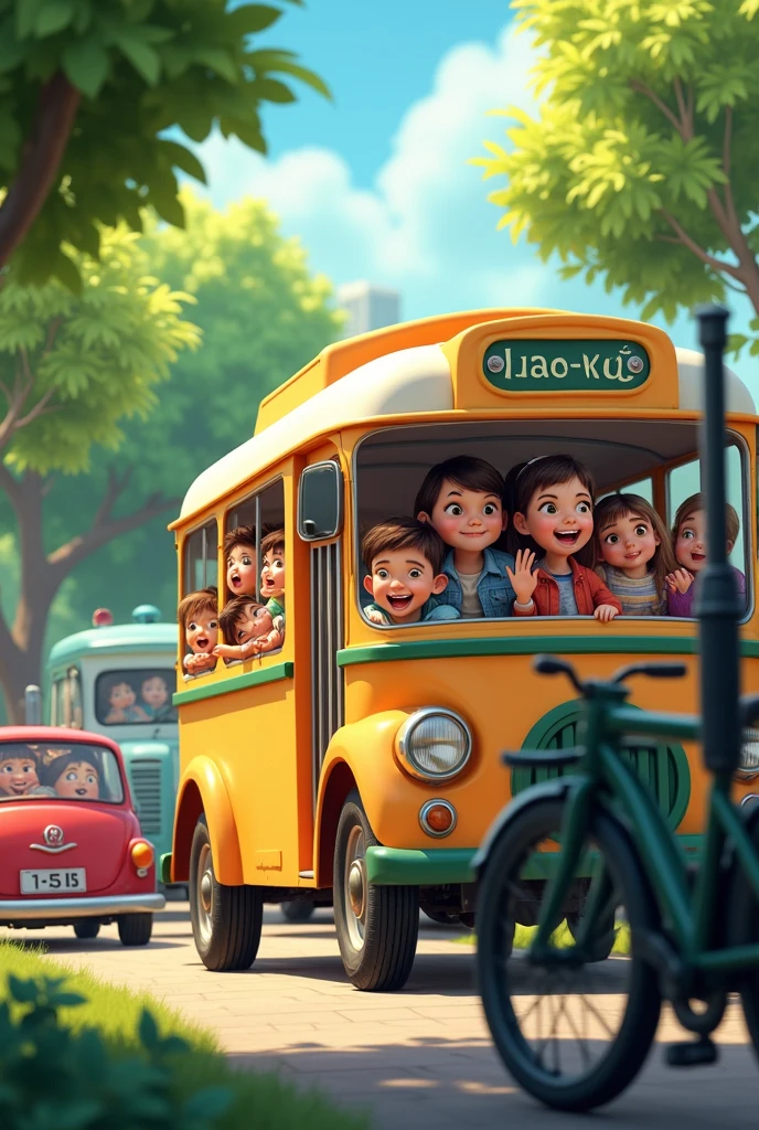The bus, with windows full of smiling children&#39;s faces, next to a car, a Tractor and a Bicycle in the Park.